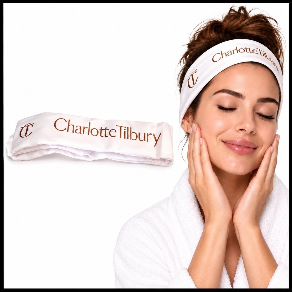Charlotte Tilbury White Satin Spa Headband Rose Gold Logo Adjustable Skincare